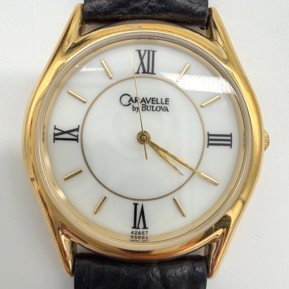 Caravelle by Bulova Quartz Watch Gold Tone White Dial Leather Needs Battery